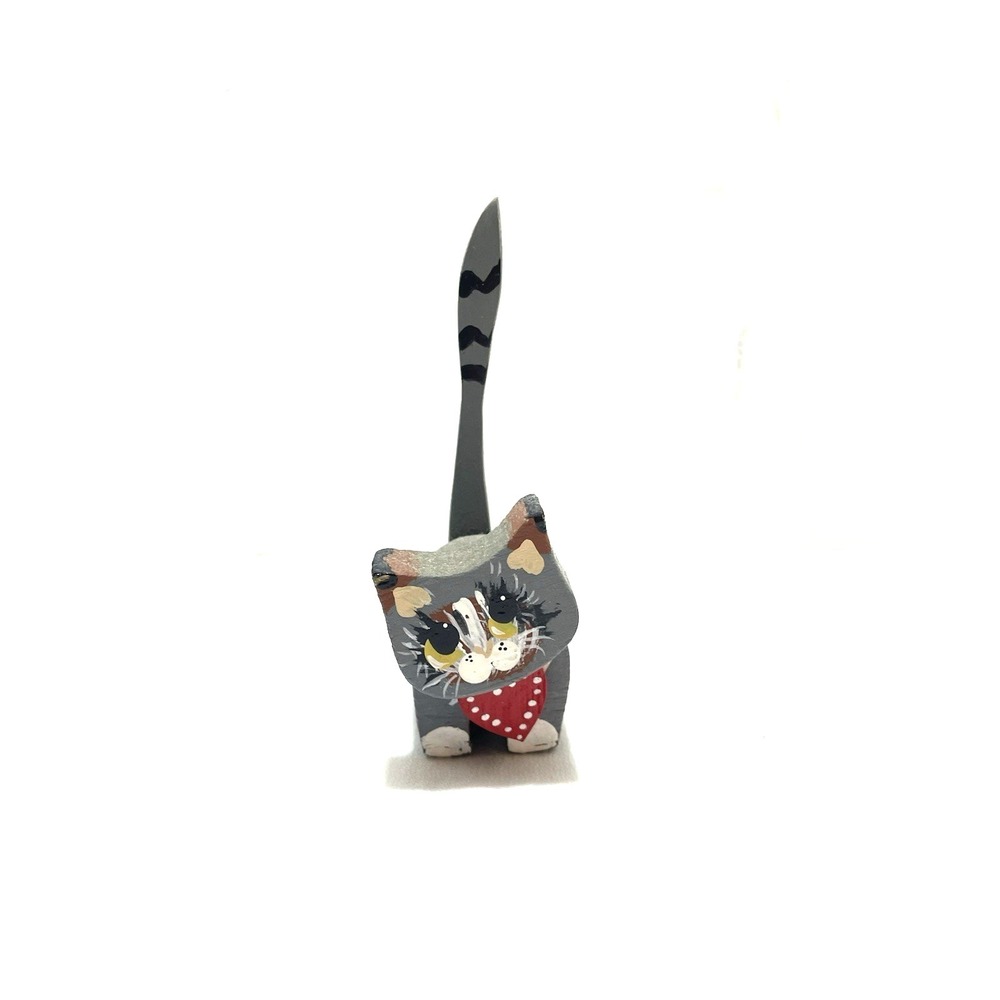 Wooden Hand Painted Cat Figurine Tall Tail Heart Folk Art Rustic Primitive Decor
